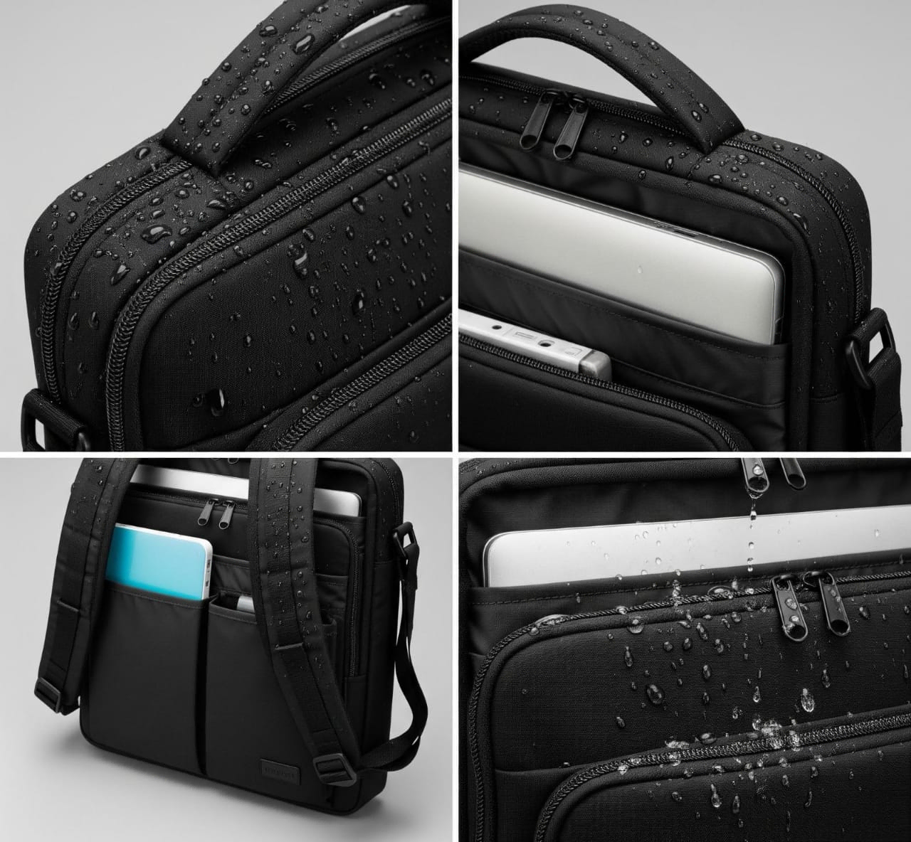 AI generated image reflecting water resistance of a laptop bag.